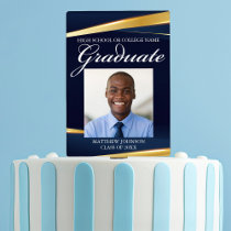 Navy Blue Gold Geometric Formal Photo Graduation Cake Topper