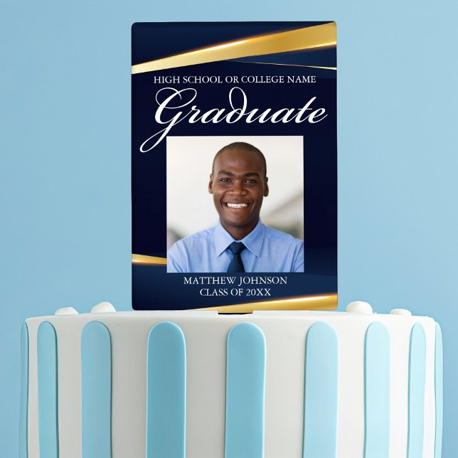 Navy Blue Gold Geometric Formal Photo Graduation Cake Topper (Creator Uploaded)