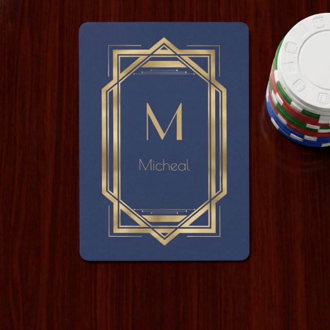 Navy Blue &  Gold Geometric | Monogram & Name   Poker Cards (Creator Uploaded)