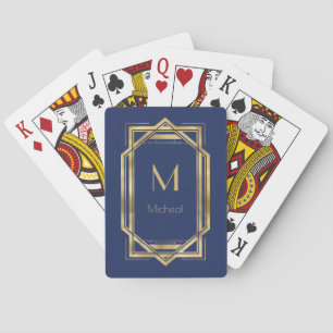 Navy Blue &  Gold Geometric   Monogram & Name   Poker Cards
