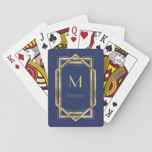 Navy Blue   Gold Geometric  Monogram  Name   Poker Cards