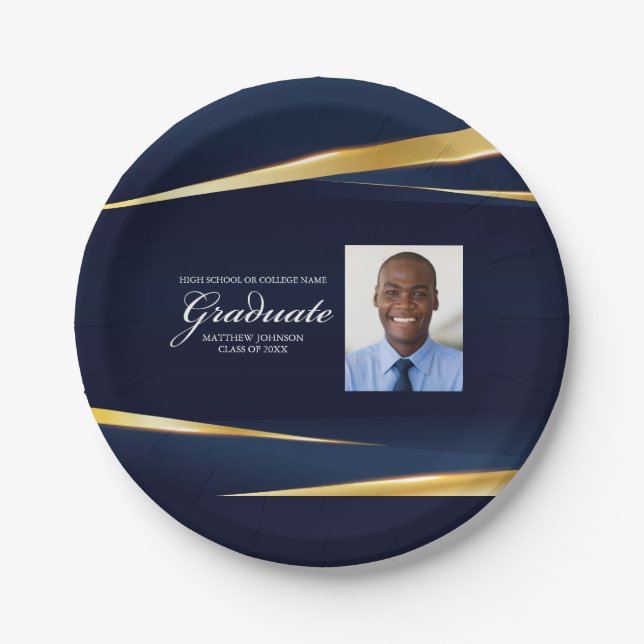 Navy Blue Gold Geometric Photo Graduation Party Paper Plates (Front)