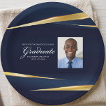 Navy Blue Gold Geometric Photo Graduation Party Paper Plates<br><div class="desc">This elegant navy blue and gold graduation party paper plate features modern geometric lines above your formal text. The classy white script details your graduate school and class information next to your photograph. This upscale party decor is perfect for a 2026 college or university grad.</div>