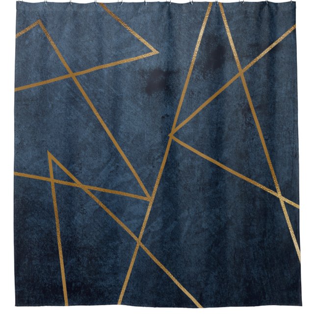Navy Blue Gold Geometric Stylish Chic Shower Curtain (Front)