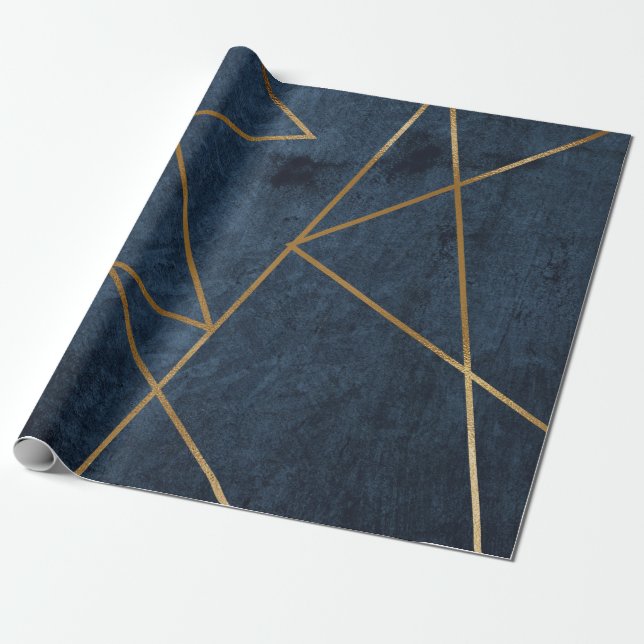 Navy Blue Gold Geometric Stylish Chic Wrapping Paper (Unrolled)