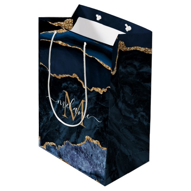 Navy Blue Gold Gift Bag Personalized Your Design (Back Angled)