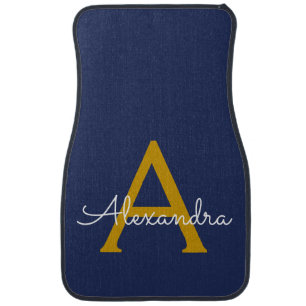 Navy Blue Gold Girly Script Monogram Name Modern Car Floor Mat