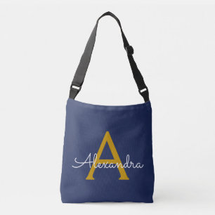 Navy Blue Gold Girly Script Monogram Name Modern Crossbody Bag