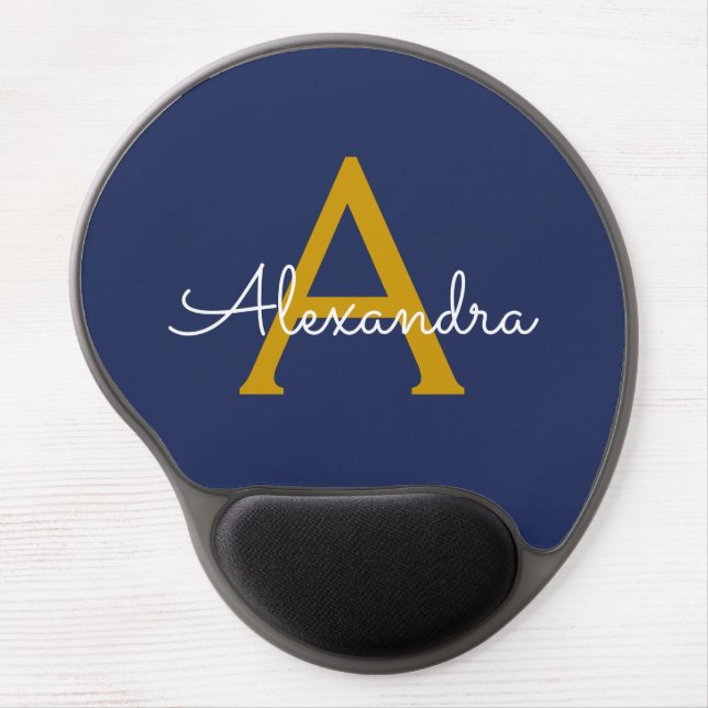 Navy Blue Gold Girly Script Monogram Name Modern Gel Mouse Pad (Front)