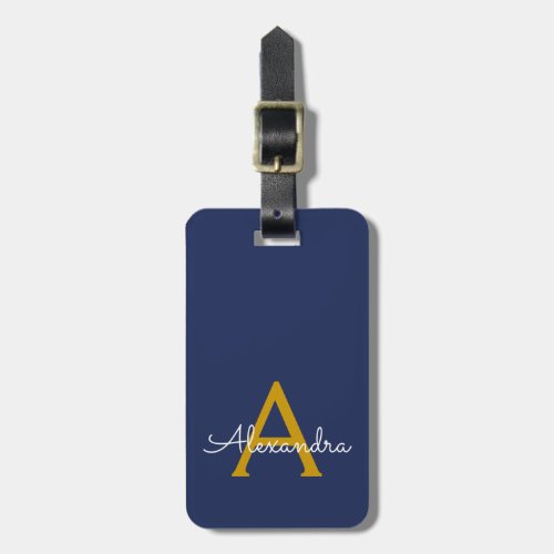 Navy Blue Gold Girly Script Monogram Name Modern Luggage Tag