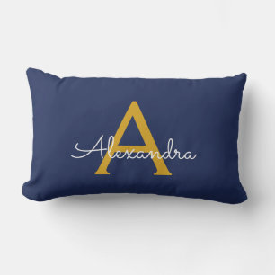 Navy Blue Gold Girly Script Monogram Name Modern Lumbar Pillow