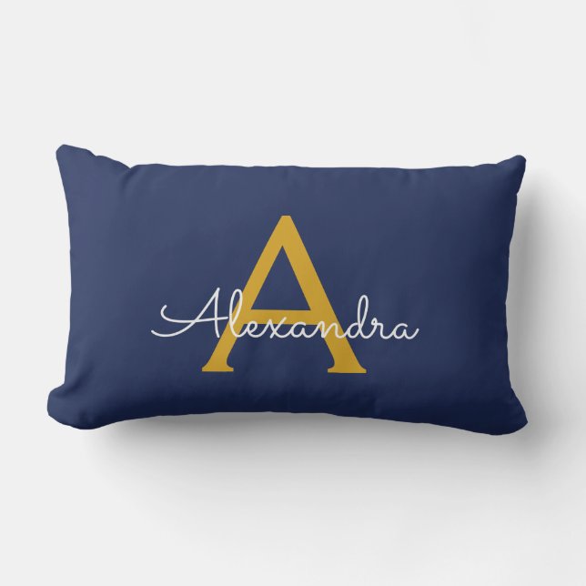 Navy Blue Gold Girly Script Monogram Name Modern Lumbar Pillow (Front)