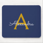 Navy Blue Gold Girly Script Monogram Name Modern Mouse Pad<br><div class="desc">Gold and Navy Blue Monogram Add Your Own Name Mousepad (Mouse Pad). This makes the perfect sweet 16 birthday,  wedding,  bridal shower,  anniversary,  baby shower or bachelorette party gift for someone that loves glam luxury and chic styles.</div>