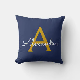 Navy Blue Gold Girly Script Monogram Name Modern Throw Pillow