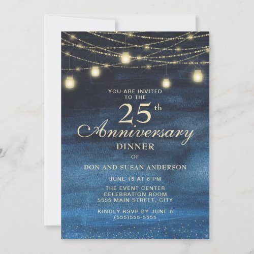 Navy Blue Gold Glitter 25th Wedding Anniversary Invitation