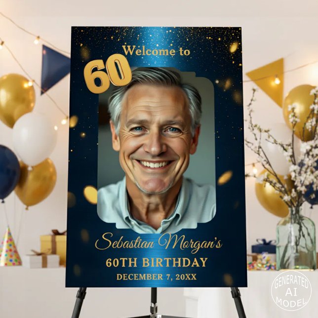Navy Blue Gold Glitter 60th Birthday Welcome Foam Board (Creator Uploaded)