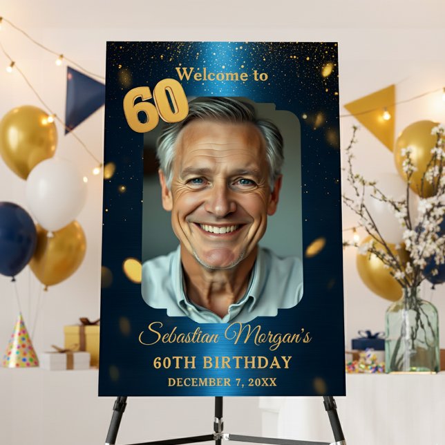 Navy Blue Gold Glitter 60th Birthday Welcome Foam Board (Creator Uploaded)