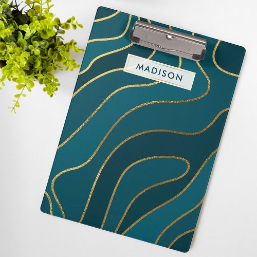 Navy Blue Gold Glitter Abstract Lines Personalized Clipboard