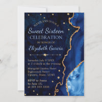 Navy Blue & Gold Glitter Agate and marble Sweet 16