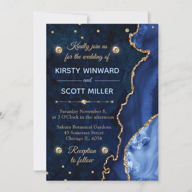 Navy Blue & Gold Glitter Agate and marble Wedding Invitation (Front)