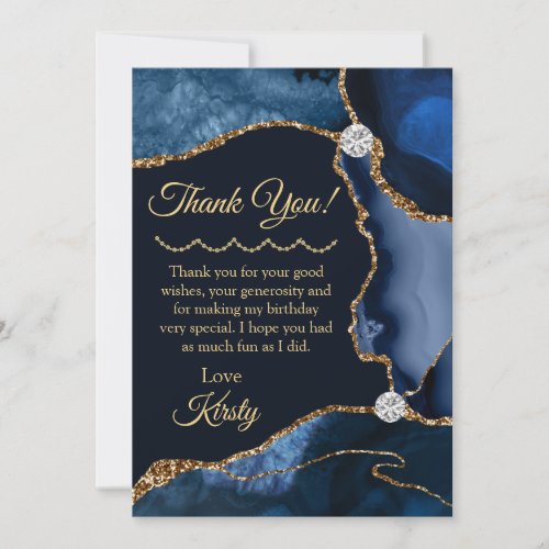Navy Blue Gold Glitter Agate Birthday Thank You Card