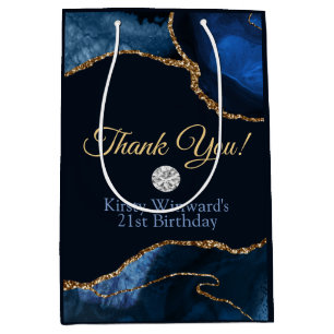 Navy Blue Gold Glitter Agate Birthday Thank You Medium Gift Bag