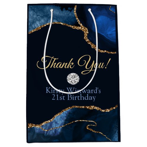 Navy Blue Gold Glitter Agate Birthday Thank You Medium Gift Bag