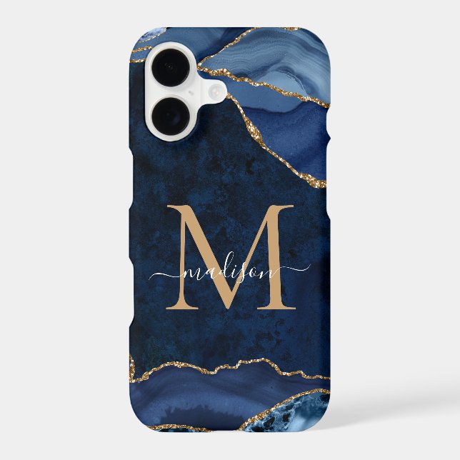 Navy Blue Gold Glitter Agate Gemstone Monogram Iphone Case (Back)