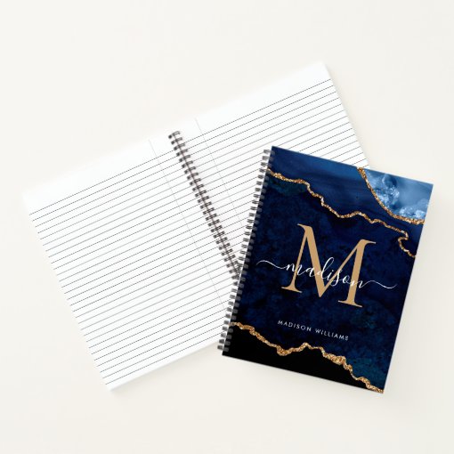 Navy Blue Gold Glitter Agate Geode Monogram Notebook | Zazzle