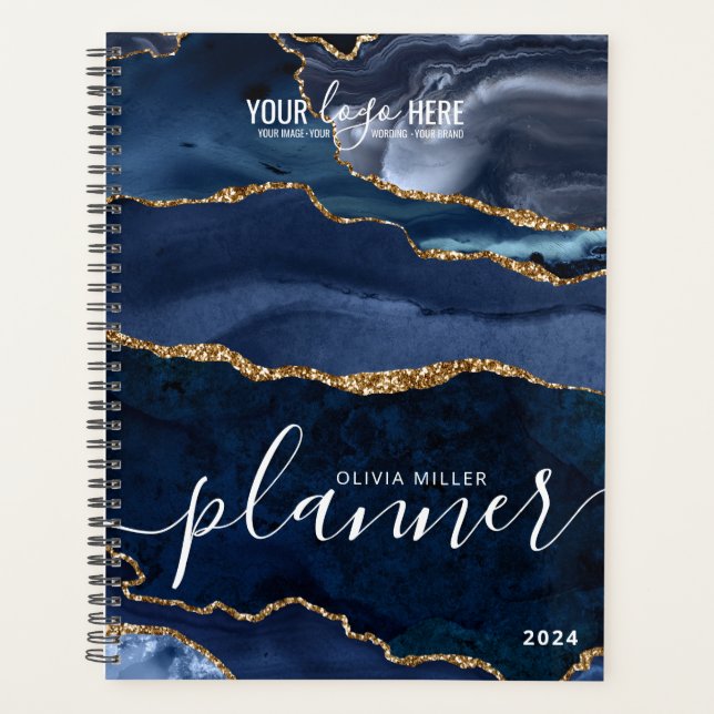Navy Blue Gold Glitter Agate Marble Business Logo Planner (Front)