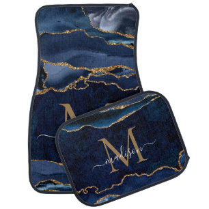 Navy Blue Gold Glitter Agate Marble Geode Monogram Car Floor Mat