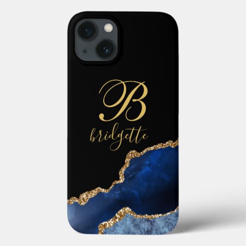 Navy Blue Gold Glitter Agate Monogram iPhone 13 Case