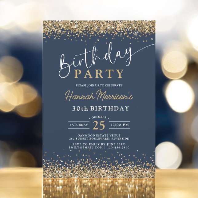 Navy Blue Gold Glitter Any Age 30th Birthday  Invitation (Creator Uploaded)
