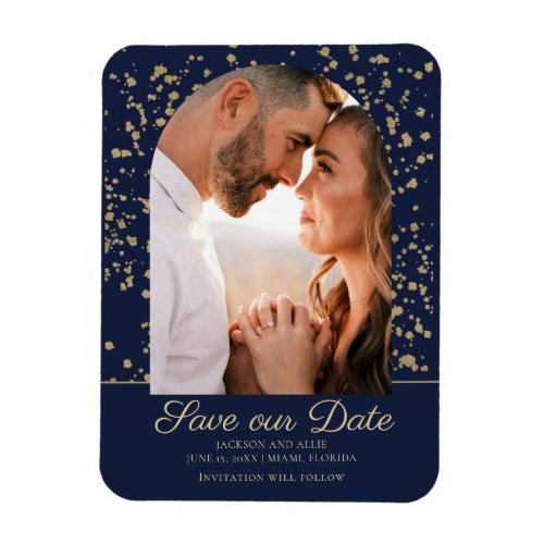 Navy Blue Gold Glitter Arch Dome Photo Wedding Magnet