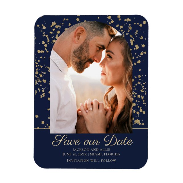 Navy Blue Gold Glitter Arch Dome Photo Wedding Magnet (Vertical)