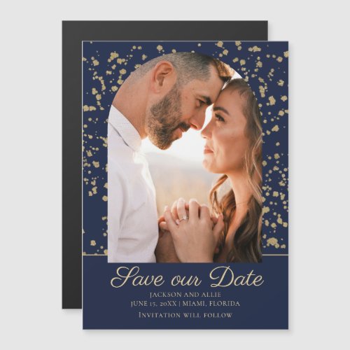 Navy Blue Gold Glitter Arch Dome Photo Wedding Magnetic Invitation