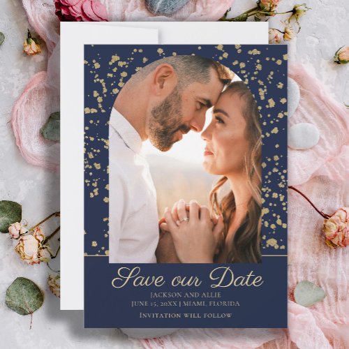 Navy Blue Gold Glitter Arch Dome Photo Wedding Save The Date