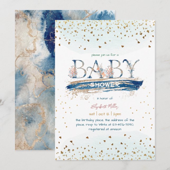 Navy Blue Gold Glitter Baby Boy Shower Invitation (Front/Back)