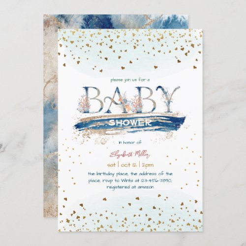 Navy Blue Gold Glitter Baby Boy Shower Invitation