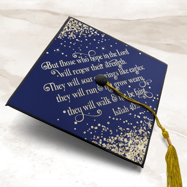 Navy Blue Gold Glitter Bible Verse Isaiah 40  Graduation Cap Topper (Creator Uploaded)