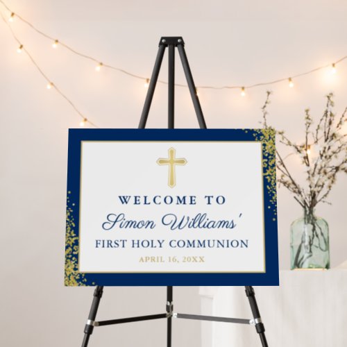 Navy Blue Gold Glitter Boy First Holy Communion Foam Board