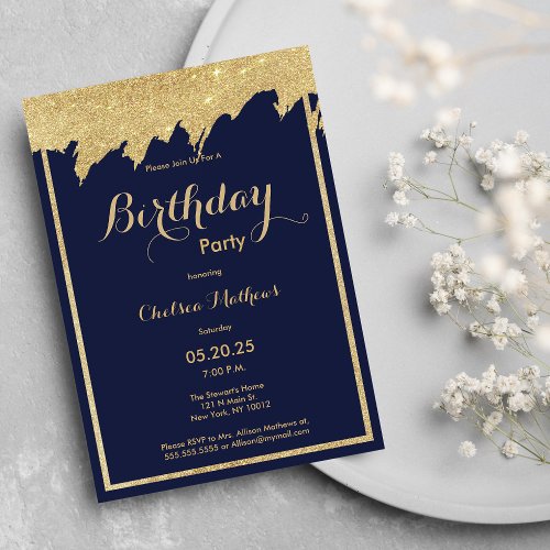 Navy blue gold glitter brushstrokes Birthday Party Invitation