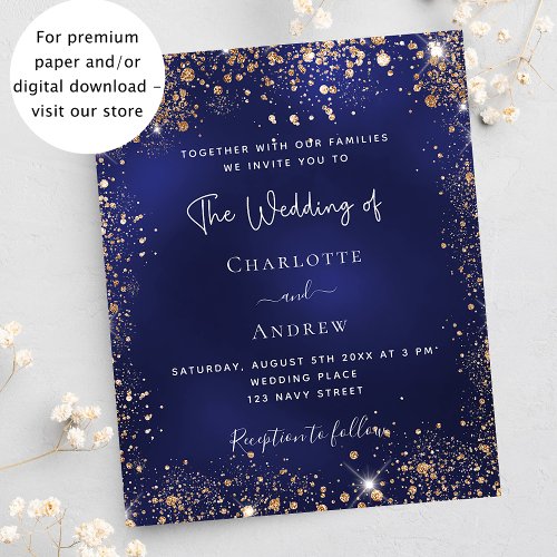 Navy blue gold glitter budget wedding invitation