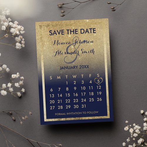 Navy Blue Gold Glitter Calendar Save the Date  Announcement Postcard
