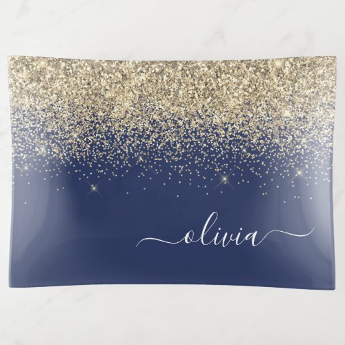 Navy Blue Gold Glitter Chic Monogram Name Trinket Tray