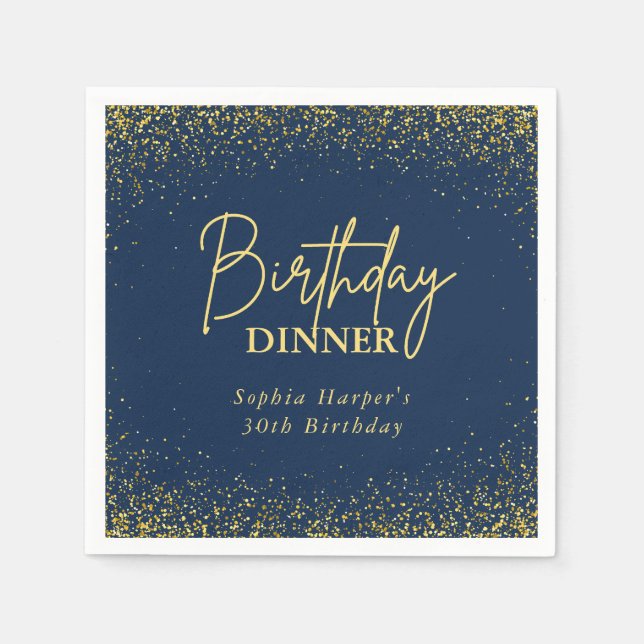 Navy Blue Gold Glitter Confetti Birthday Dinner Napkins (Front)