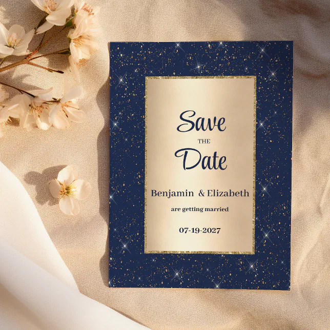 Navy blue gold glitter confetti Save the Date Invitation | Zazzle