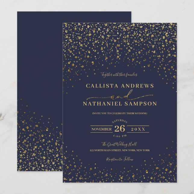 Navy Blue Gold Glitter Confetti Wedding Invitation (Front/Back)