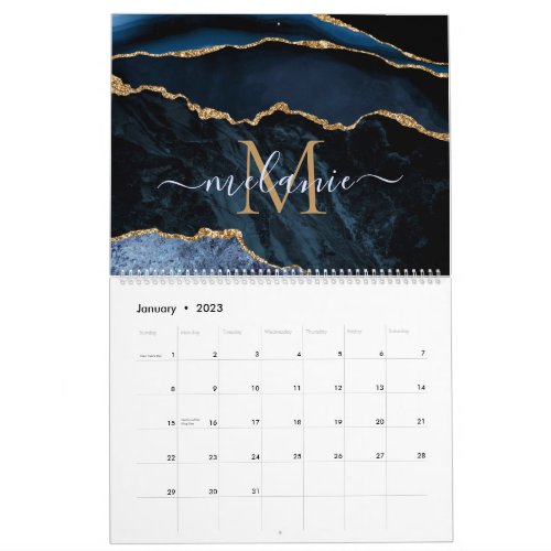 Navy Blue Gold Glitter Custom Letter Name Calendar