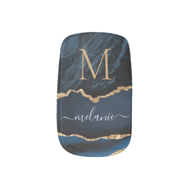 Navy Blue Gold Glitter Custom Letter Name Nail Art (Left Thumb)